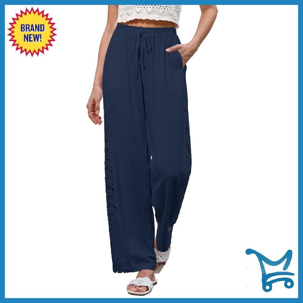 Linen Wide Leg Pants High Waist Crochet Panel Elastic Waist Summer